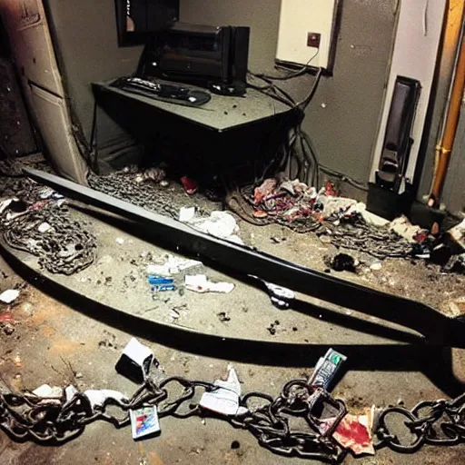 Image similar to “a photo of a big claymore sword that is wrapped in cables and chains and embedded in a computer monitor screen standing up. The sword is in the center of a dark, filthy, dimly lit room filled with server racks and server cables hanging everywhere. The ground of the room is littered and covered with garbage and trash everywhere. It is dark and there are no lights. Cursed image. Nikon Coolpix.”