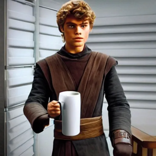 Prompt: A robot coffee mug replacing Anakin Skywalker's hand, still from star wars,