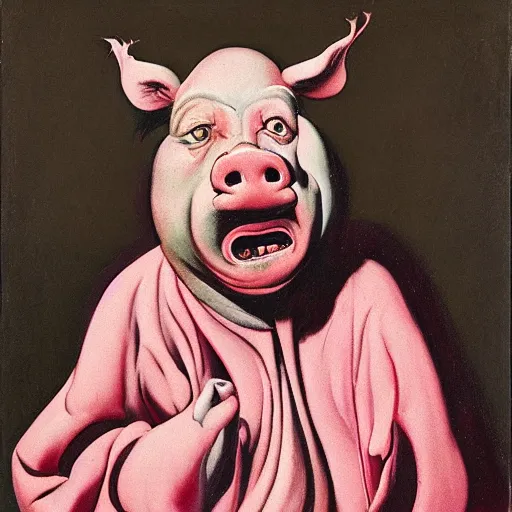 Image similar to a screaming pig wearing a robe painted by francis bacon