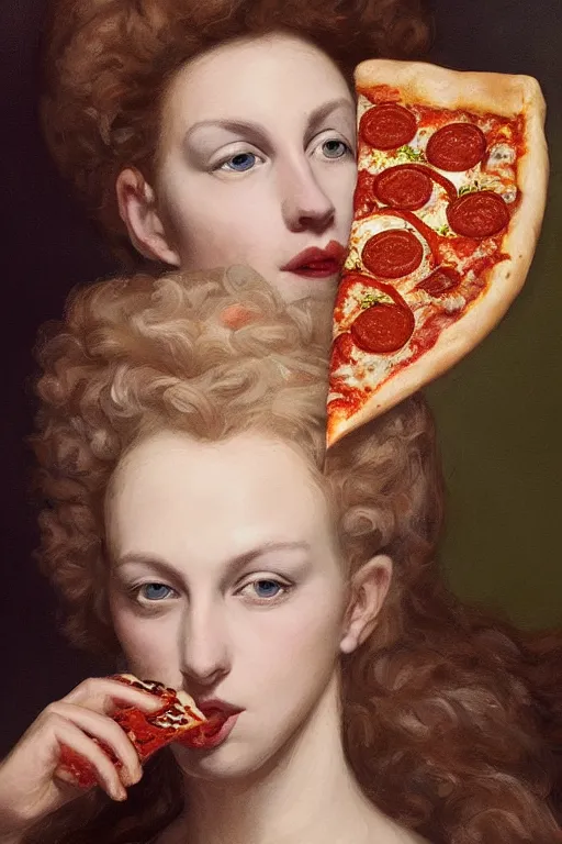 Image similar to a highly detailed queen margherita ( savoy ) eating!!! a pizza! margherita, full body, detailed painting by arturo faldi, trending on deviantart, octane, masterpiece