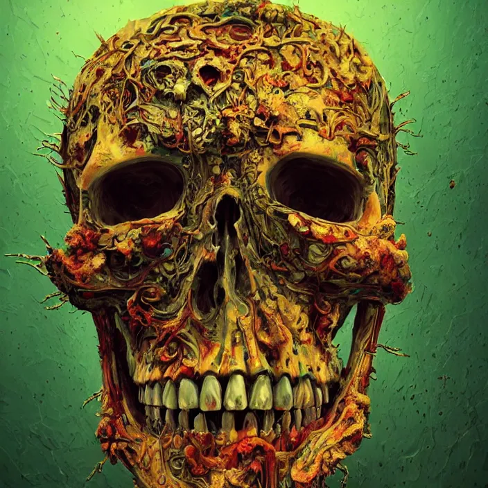 Image similar to portrait of a psychedelic skull. razor sharp teeth. infected with zombie fungus. intricate abstract. intricate artwork. nightmare fuel. by Tooth Wu, wlop, beeple, dan mumford. octane render, trending on artstation, greg rutkowski very coherent symmetrical artwork. cinematic, hyper realism, high detail, octane render, 8k, iridescent accents