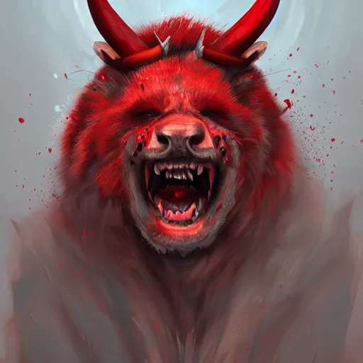 Image similar to a red and white bear with horns, stunning artwork, artstation, hyper - detailed digital art, fear, anguish, menacing,