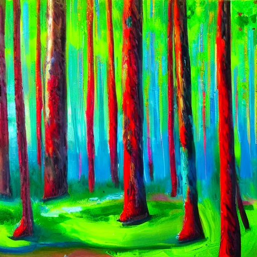 Image similar to a forest with green, blue, red tree trunks. acrylic of canvas, impressionist painting