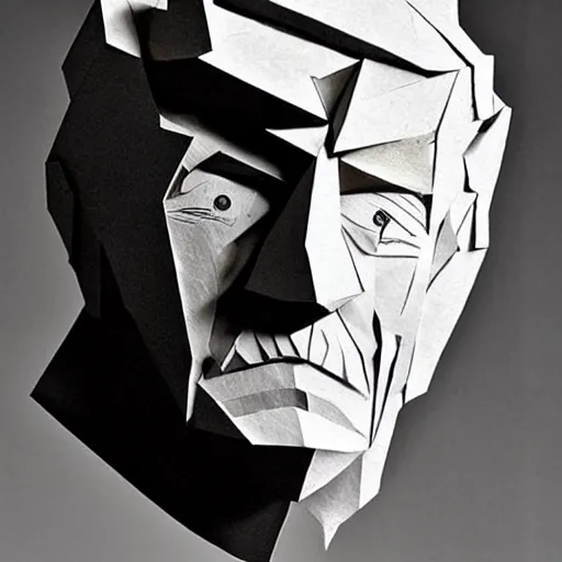 Image similar to a cut paper sculpture that looks like william shatter as captain kirk