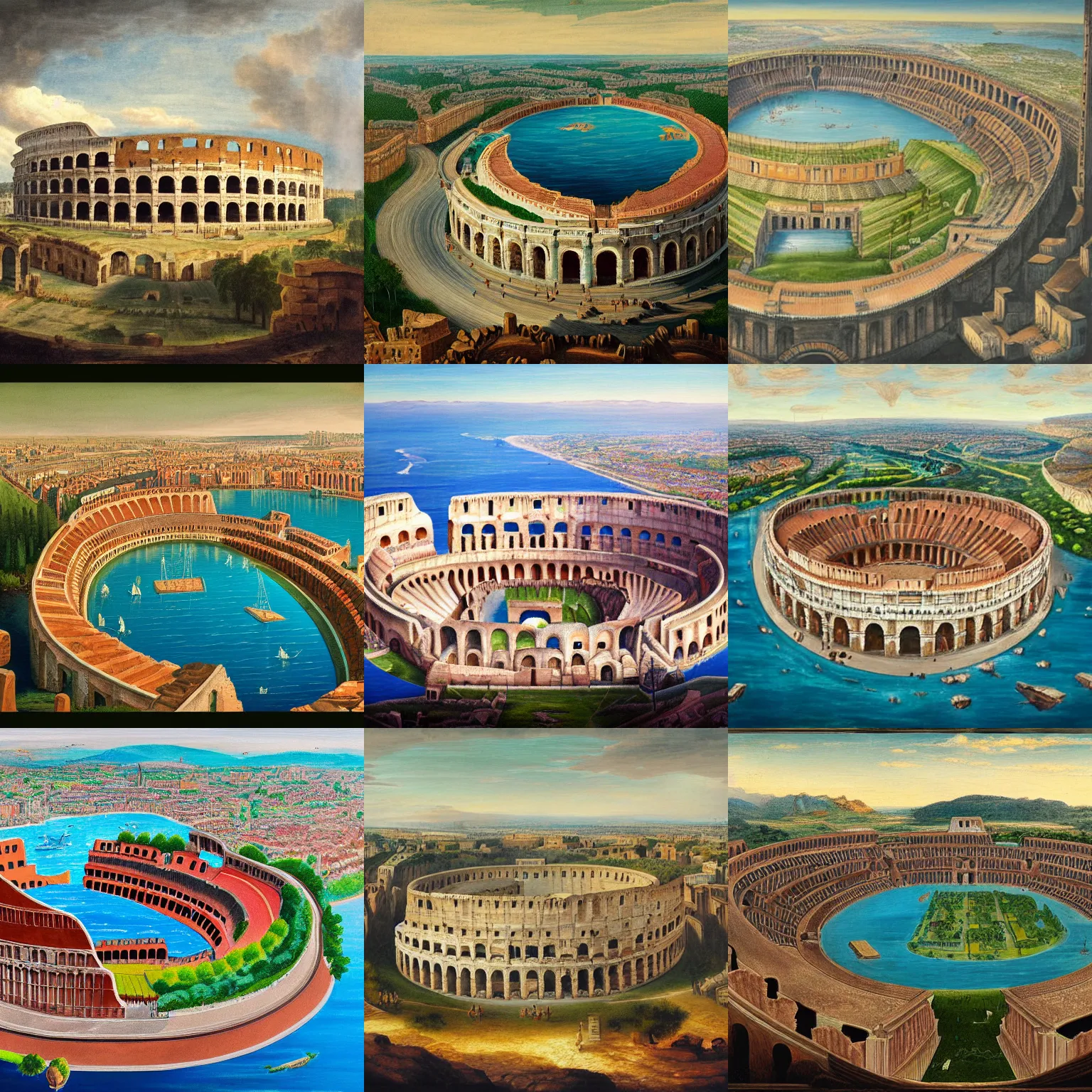 Prompt: a colosseum like arena with it's central land part surrounded by water, view from the sky, detailed painting, 8 k