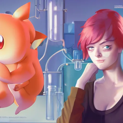 Image similar to British Pokemon original character with peach colored hair and heterochromia, Pixar style, beautiful woman, scientist, standing in a lab in front of a giant containment liquid filled tank, by Tristan Eaton Stanley Artgerm and Tom Bagshaw, Makoto Shinkai ilya kuvshinov and Wojtek Fus