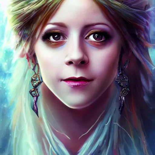 Image similar to portrait of lindsey stirling as a beautiful goddess, epic fantasy art, detailed face, goddess, mystical, mystic atmosphere, trending on artstation, deviantart, digital art, high detail, high definiton, ultra realistic, high quality, hyper realistic, 4 k uhd