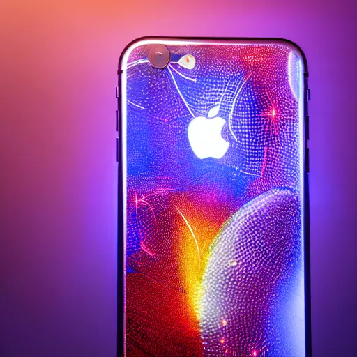 Image similar to promotional photograph for a futuristic iphone made in 2 0 4 0, beautiful photograph, studio lighting, advertisement, 4 k quality, 8 k quality, futuristic!!!! reflective material, intricate, glowing apple logo