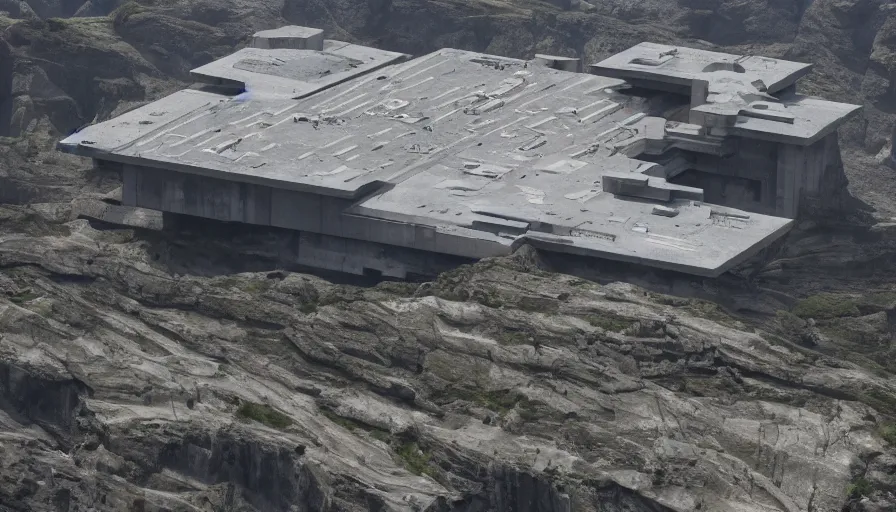 Image similar to big brutalist imperial military base on cliffs, drawing architecture, very long shot, top angle, imperial architecture in rogue one, pritzker architecture prize, brutalism architecture, jan urschel, greig fraser