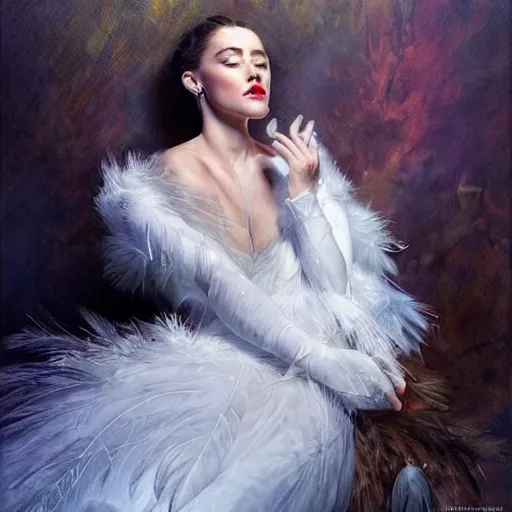 Image similar to hyperrealistic portrait of a woman as amber heard performing noir singing dance in a white swan dress wearing sapphire jewellery feather collar by jeremy mann and alphonse mucha, fantasy art, photo realistic, dynamic lighting, artstation, poster, volumetric lighting, very detailed faces, 4 k, award winning