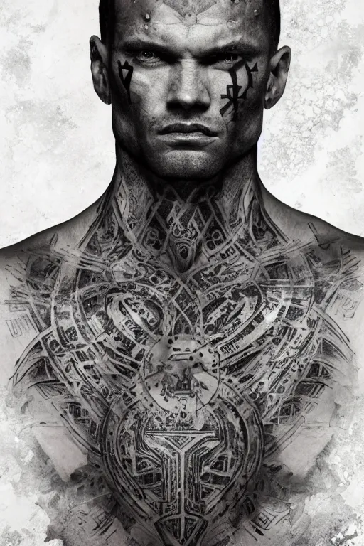 Image similar to centred completely front portrait of a muscular torso covered in runic tattoos front view, art by Ruan Jia , Moebious, Craig Mullin, and Nick Knight