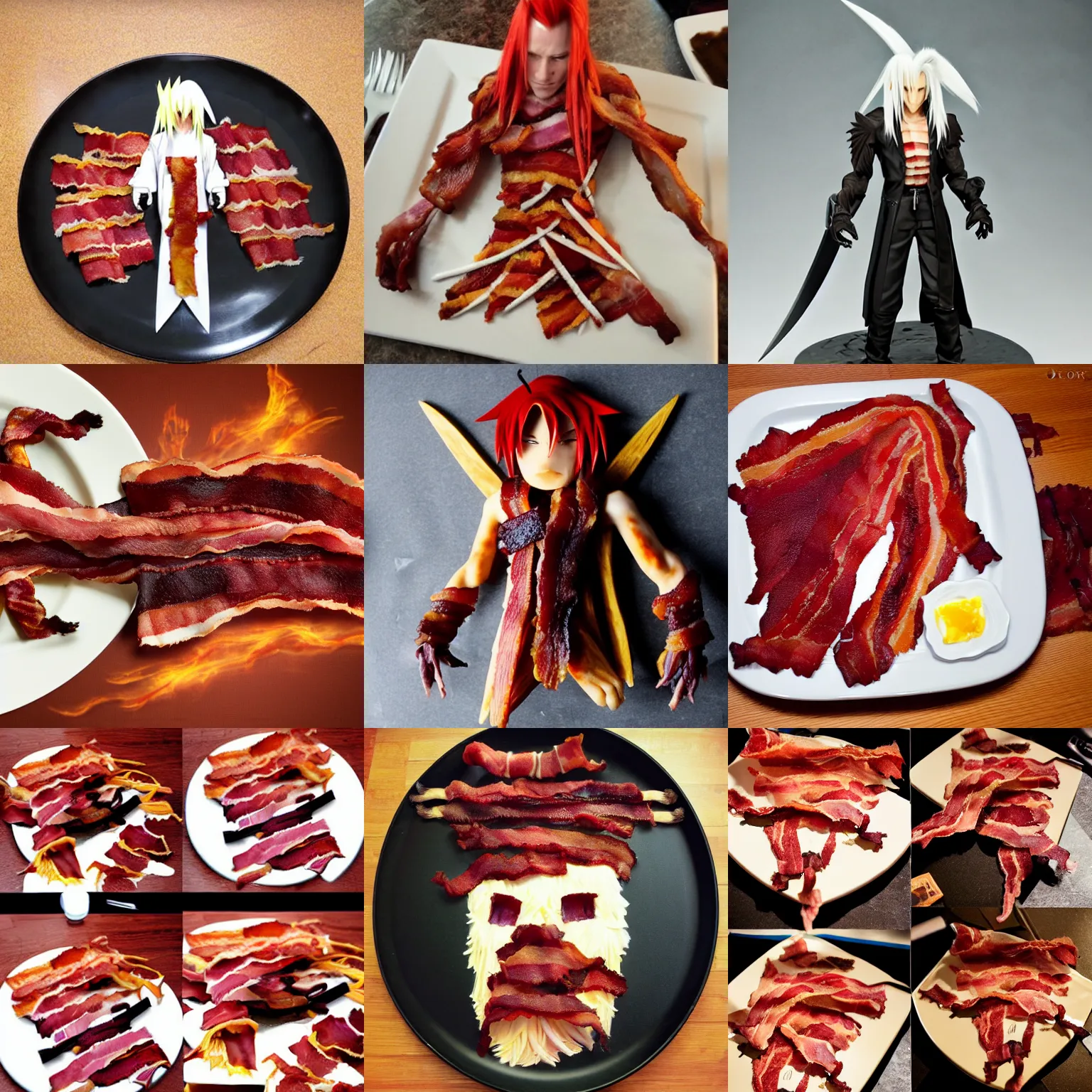 Image similar to sephiroth made out of crispy bacon