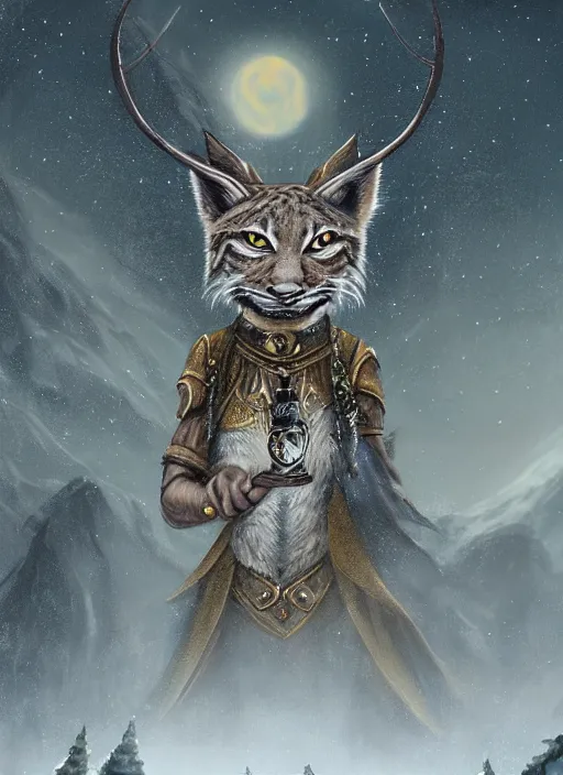 Prompt: anthropomorphic lynx holding a golden intricately decorated shiny scepter, night, spruce trees on the sides, mountains in the background, eerie dark atmosphere, moonlit, back light, in the style of fantasy movie, fantasy art, fantasy matte painting, bowater, amano, trending on artstation