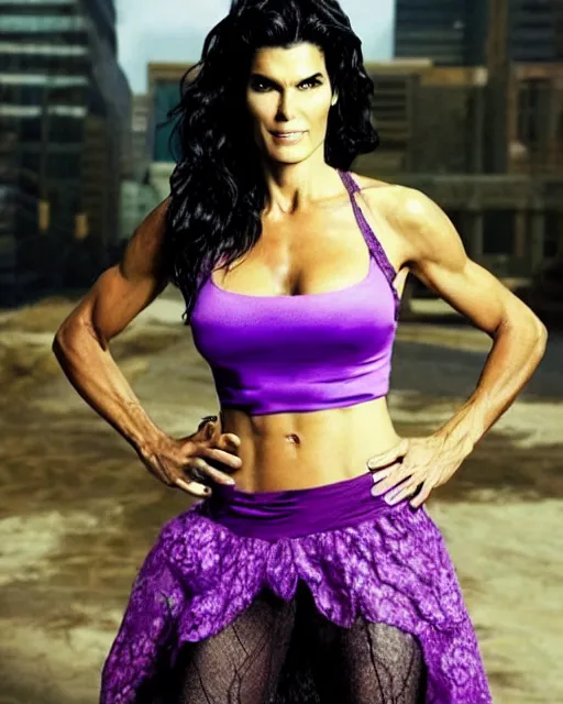 Prompt: photo of angie harmon as the sensational she hulk, she is wearing a silk lace white top and a purple skirt, she is tall, very fit and extremely muscular, she has green skin all over her body, long black shiny hair, photorealistic, highly detailed, the hulk, marvel, soft focus, bokeh