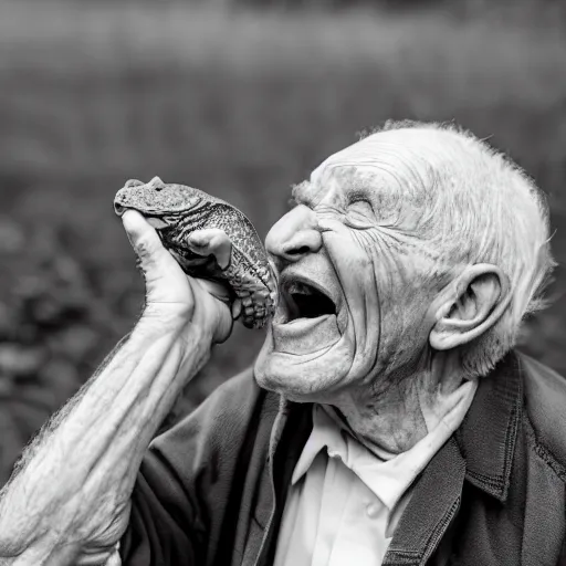 Prompt: elderly man screaming at a turtle, canon eos r 3, f / 1. 4, iso 2 0 0, 1 / 1 6 0 s, 8 k, raw, unedited, symmetrical balance, wide angle