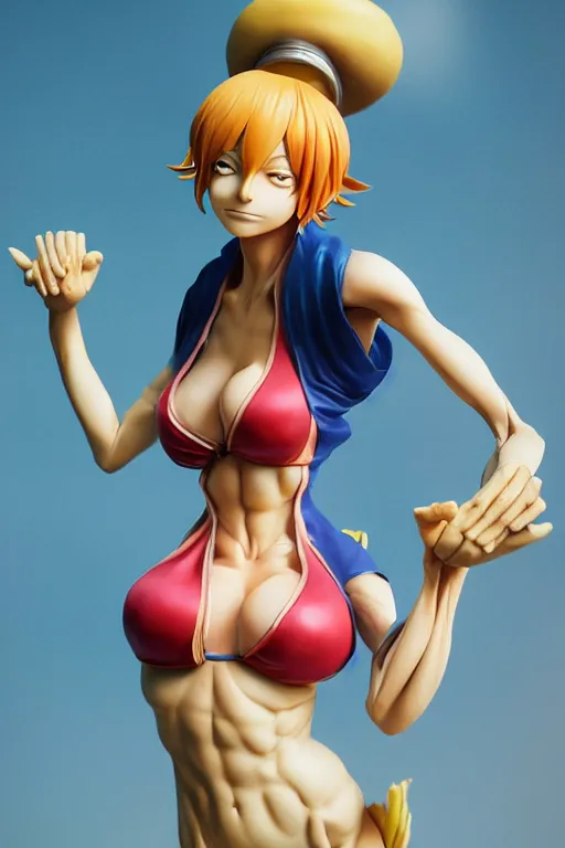 Prompt: realistic ektachrome photograph, Nami from One Piece, anatomy, only two hands, highly detailed, smooth, sharp focus, illustration, Unreal Engine 5, 8K, 3d sculpture in the style artgerm and greg rutkowski and edgar maxence