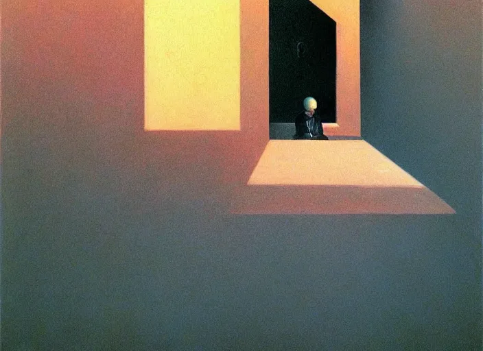 Image similar to portrait painting of meditation, science fiction, Edward Hopper and James Gilleard, Zdzislaw Beksinski, highly detailed