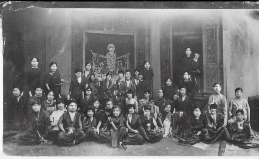 Image similar to secret society in bangkok 1 9 2 0, summoning spirit, black and white photography