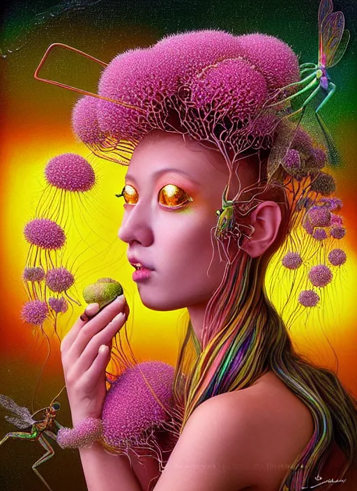 Image similar to hyper detailed 3d render like a Oil painting - kawaii portrait Aurora (gold haired Singer Praying Mantis Dragonfly) seen Eating of the Strangling network of yellowcake aerochrome and milky Fruit and Her compund eyes delicate Hands hold of gossamer polyp blossoms bring iridescent fungal flowers whose spores black the foolish stars by Jacek Yerka, Mariusz Lewandowski, Houdini algorithmic generative render, Abstract brush strokes, Masterpiece, Edward Hopper and James Gilleard, Zdzislaw Beksinski, Mark Ryden, Wolfgang Lettl, hints of Yayoi Kasuma, octane render, 8k