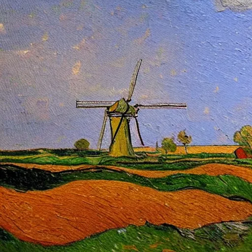 Prompt: A beautiful oil painting of a dutch landscape, there are windmills, the colors are vivid and bright, in the style of van Gogh