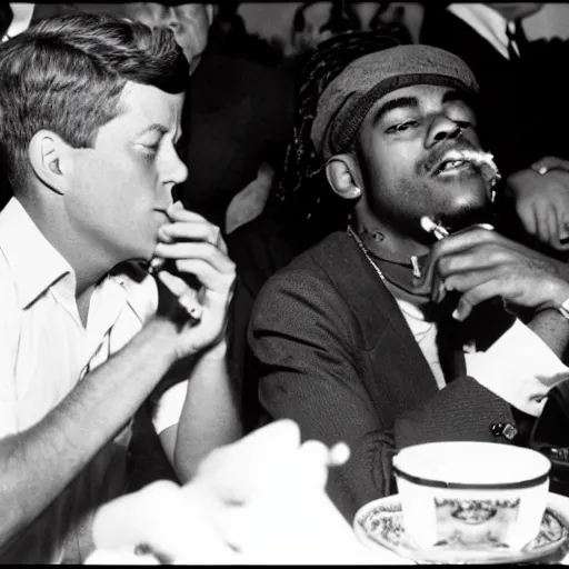 Prompt: jfk smoking a blunt with lil uzi vert,