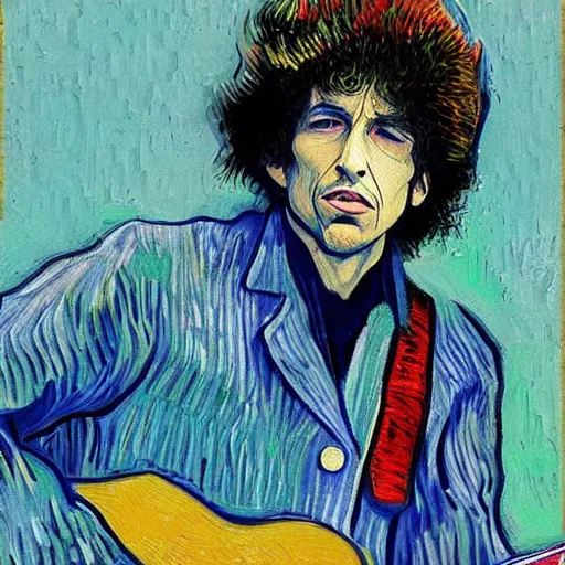 Prompt: an artistic portrait of bob dylan, high quality, studio photography, colourful, hero, heroic, beautiful, in the style of vincent van gogh