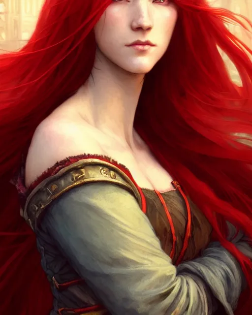 Image similar to long red hair mage, portrait, gentle, scowl, cloth, female, city background, d & d, fantasy, intricate, elegant, digital painting, red green color palette, artstation, octane render, concept art, matte, sharp focus, illustration, herrarthstone, art by artgerm and greg rutkowski and alphonse mucha