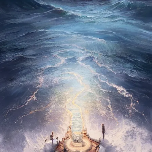 Image similar to Moses in the middle of the sea splitting it in two and crossing dry , Greg rutkowski, Trending artstation, cinematográfica, digital Art