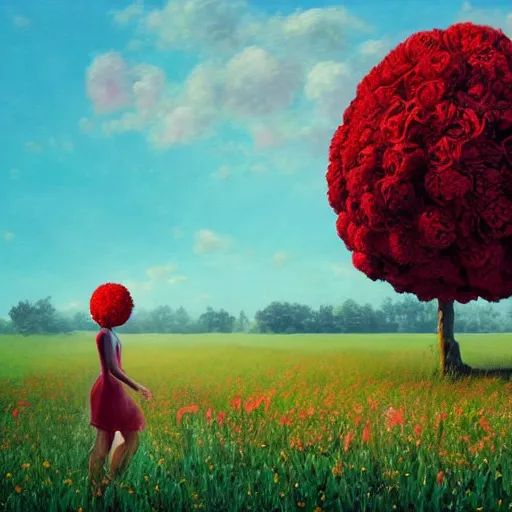 Image similar to giant red carnation afro head, full body, girl walking in the middle of a field with flowers, surreal photography, hills, sunrise dramatic light, impressionist painting, colorful clouds, digital painting, pointillism, artstation, simon stalenhag