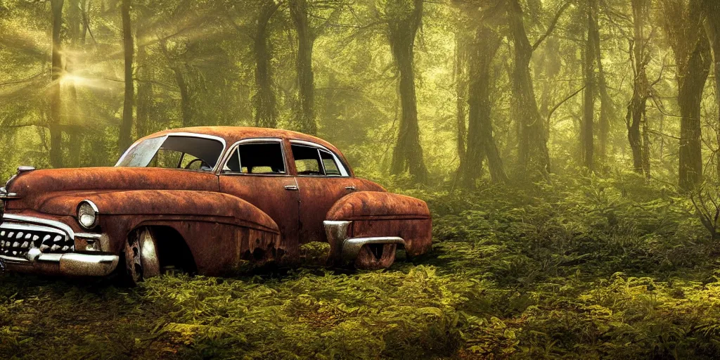 Prompt: Photograph of an abandoned rusty 1950's Buick in a forest, overgrown with vegetation, sun shining through the trees, backlit, crepuscular rays, realistic octane render, 8k, ultra detailed close up