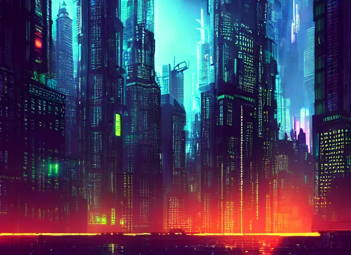 Image similar to cyberpunk scifi scene of new york skyline at night, artstation, matt painting, very detailed, maximalism, ambient occlusion, volumetric light, atmospheric haze, unreal engine, hyper realism, realistic shading, cinematic composition, realistic render, greenish tint, octane render, detailed textures, photorealistic, wide shot