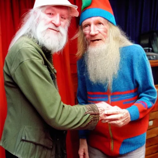 Prompt: daevid allen shaking hands with a real - life gnome