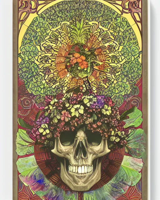 Image similar to centered Carved ancient skull with pineapple leaves growing out of the top art surrounded by varities of flowers, cell shading, voronoi, fibonacci sequence, sacred geometry by Alphonse Mucha, Moebius, hiroshi yoshida, Art Nouveau, colorful, ultradetailed, vivid colour, 3d
