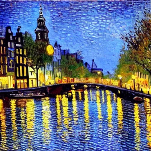 Prompt: amsterdam by night, oil on canvas by Van gogh