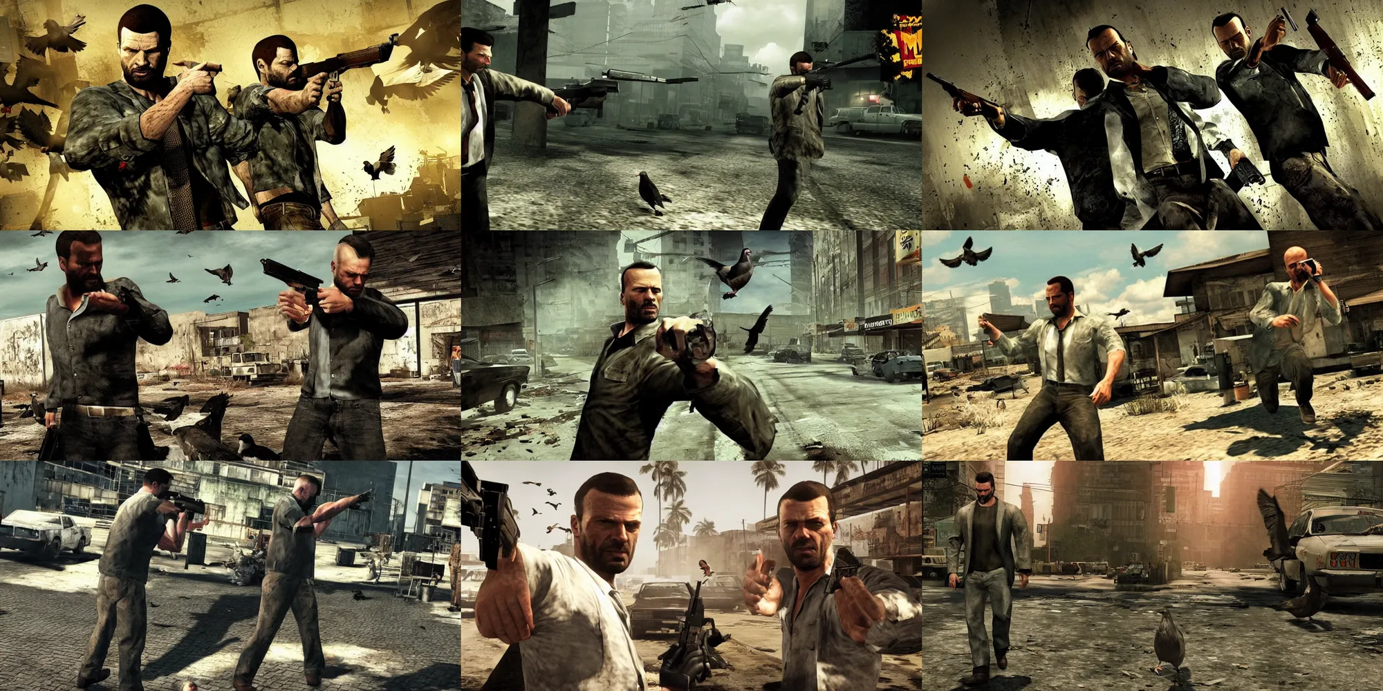 KREA - A promo screenshot from Max Payne 4: The Flight of Max Payne, which  features Max Payne becoming a famous pigeon rancher in post-collapse  America. Max Payne is forced to fight