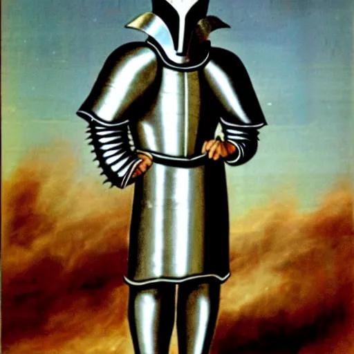 Prompt: a warrior in silver armour, wearing a tall, conical, masked helmet clutching a sword