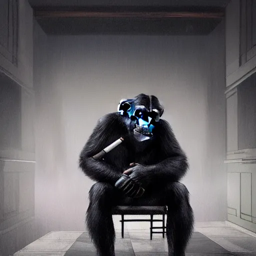 Image similar to a chimp wearing a suit smoking a cigar, dramatic lighting, cinematic, establishing shot, extremly high detail, photorealistic, cinematic lighting, artstation, style by James Gurney