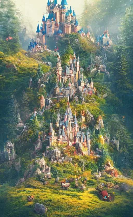 Image similar to microscopic castle on a hill, magical forest, community, robots, electric, furry, soft, concept art, intricate details, highly detailed, photorealistic, disney pixar, octane render, iridescent, anime, 8 k