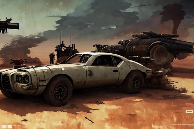 Prompt: dieselpunk mad max avanti with guns installed, painted by greg rutkowski makoto shinkai takashi takeuchi studio ghibli, akihiko yoshida