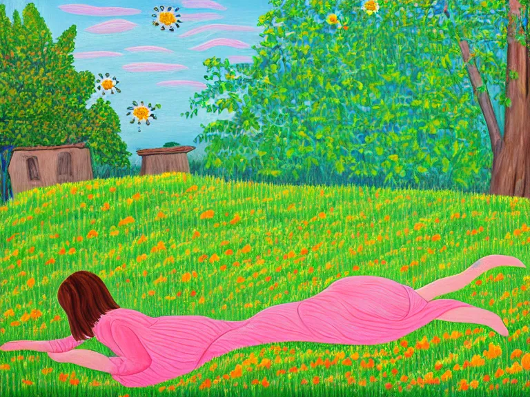 Image similar to painting of view from the distance on girl laying down in the lawn full of flowers that smells like honey amongst forest with her soul connected to the nature around her. in naive art style