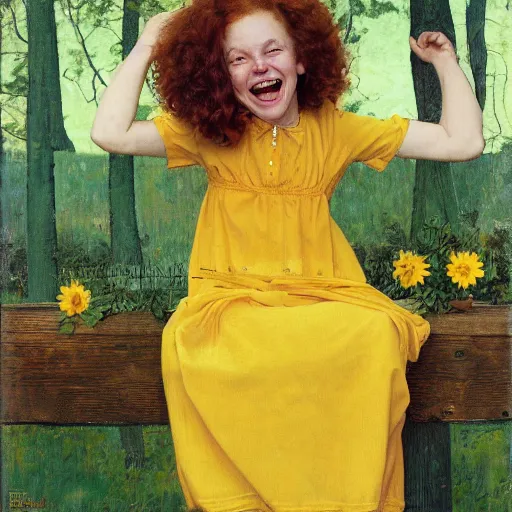 Prompt: Sophia Lillis with long, curly red hair, she is laughing, she is wearing a yellow dress, portrait by Norman Rockwell,