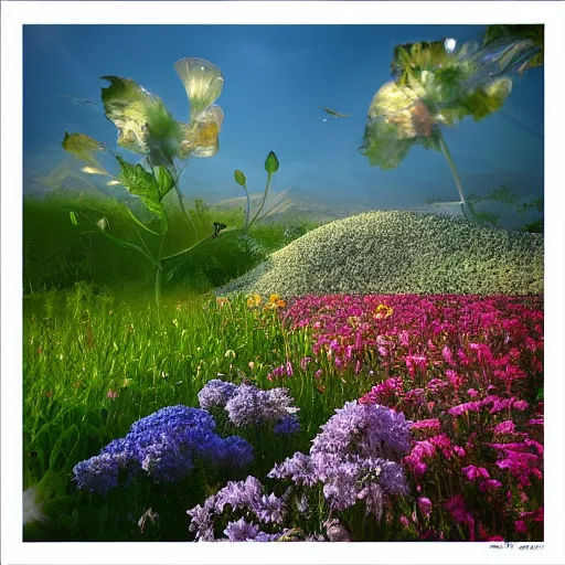 Image similar to i am flying towards the city of flowers, arms outstretched, birds fly beside me, towering flowers, translucent petals, spiral settlement on stem, riding the seed pod, beautiful textured lighting, water nozzles spraying mist, sunlight reflecting through water, global illumination, dappled lighting, high sharpness, subtle aperture gradient, style of albert bierstadt