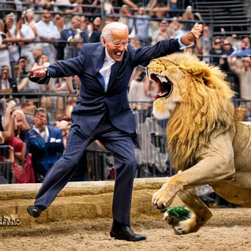 Joe Biden As A Gladiator Fighting A Lion In The 