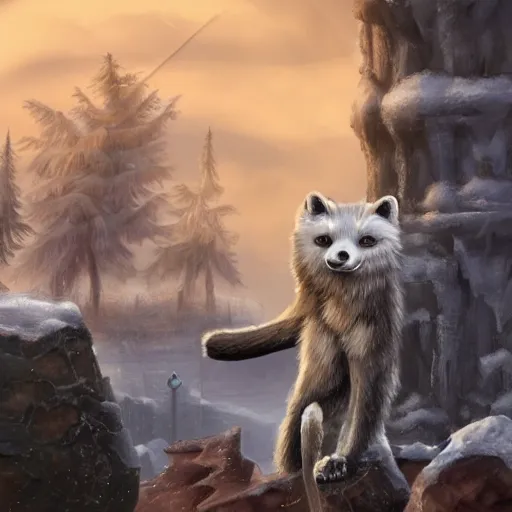 Prompt: anthropomorphic arctic fox wearing leather armor, fantasy city in the background