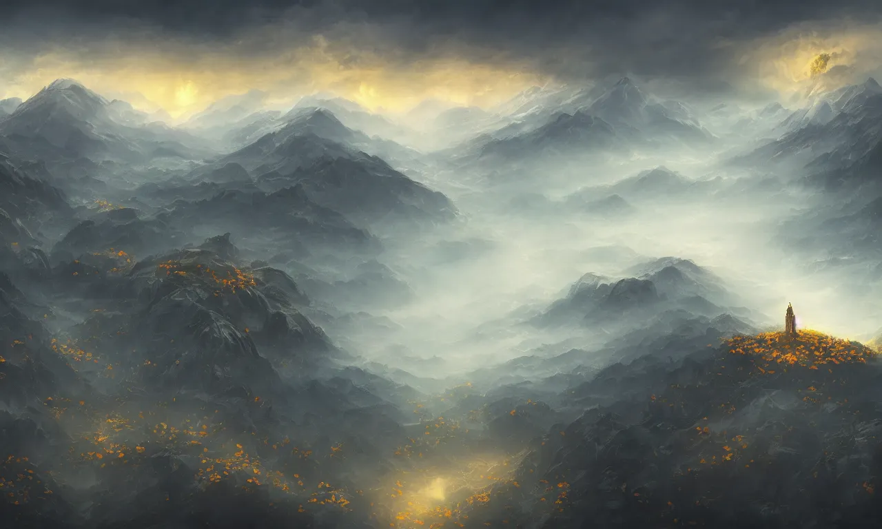 Image similar to breathtaking digital painting of an aerial landscape in luxurious nature, mountains rockas at dawn with roses and golden petals flying, with intricate art nouveau moody dark tumultuous clouds, by anato finnstark and johannes voss, concept art, matte, 8 k,