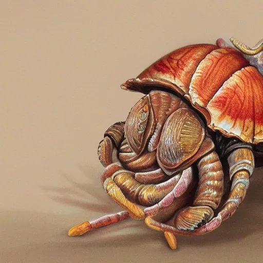 Prompt: a rococo hyperdetailed photorealistic blooming hermit crab. hd matte background. natural pastel shades.