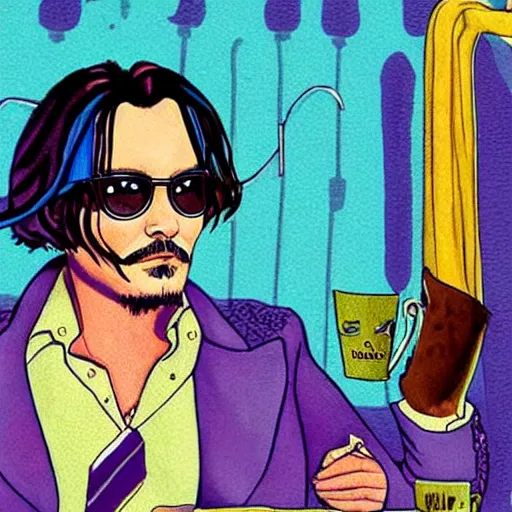 Prompt: Johnny Depp is covered in a blanket and drinking tea in Willy Wonka's Chocolate Factory, Illustration, Colorful, by Lulu Chen