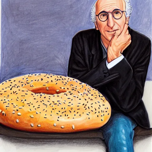 Prompt: larry david sitting on large bagel, colored-pencil