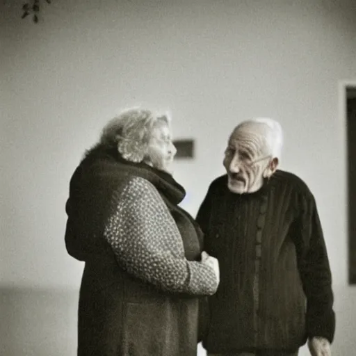 Prompt: A blurry photo of a conversation between an old woman and a very old man, taken by german photographer Axel Hess
