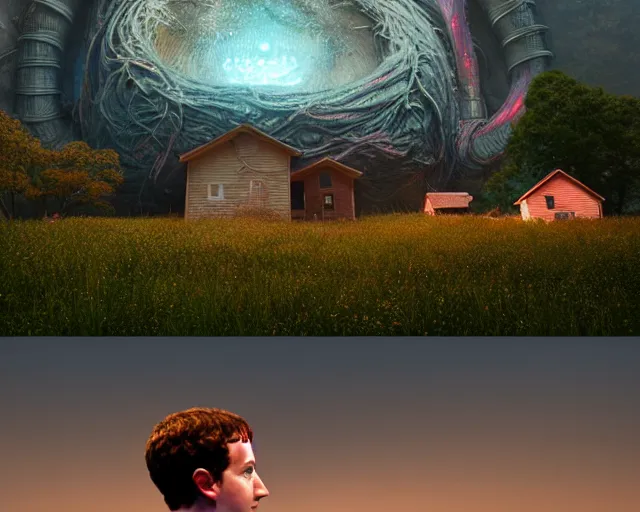 Prompt: a giant head of Mark Zuckerberg overlooking a small rural house and its inhabitants, hyper realistic, volumetric lighting, intricately detailed, cosmic horror, vibrant colors, Art station, Epic scale, art by Greg Rutkowski, art by Ruth Asawa, art by Ted Nasmith, art by H.R. Giger, Octane render, Unreal Engine 3D, 8k,